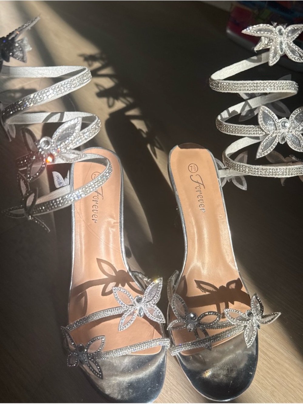 Forever 21 Silver Rhinestone Floral Spiral Strap Heels